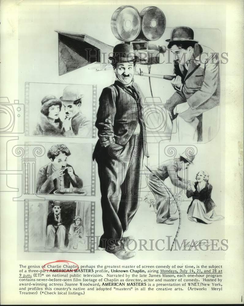 1988 Press Photo Charlie Chaplin profiled on "American Masters" Actor, Director- Historic Images