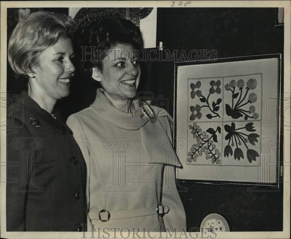 1968 Mrs. Cooley & Mrs. Clegg, Jr. at needlework exhibition, Houston-Historic Images