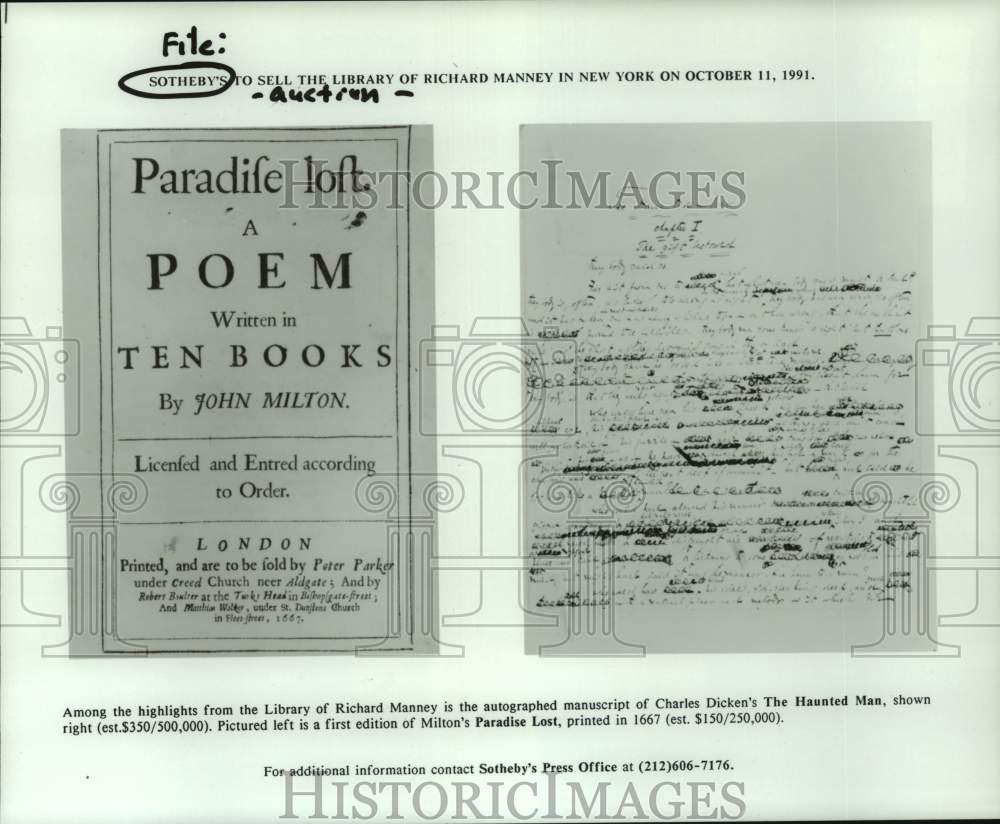 1991 Press Photo Milton's "Paradise Lost", Dicken's "The Haunted Man", Sotheby's - Historic Images