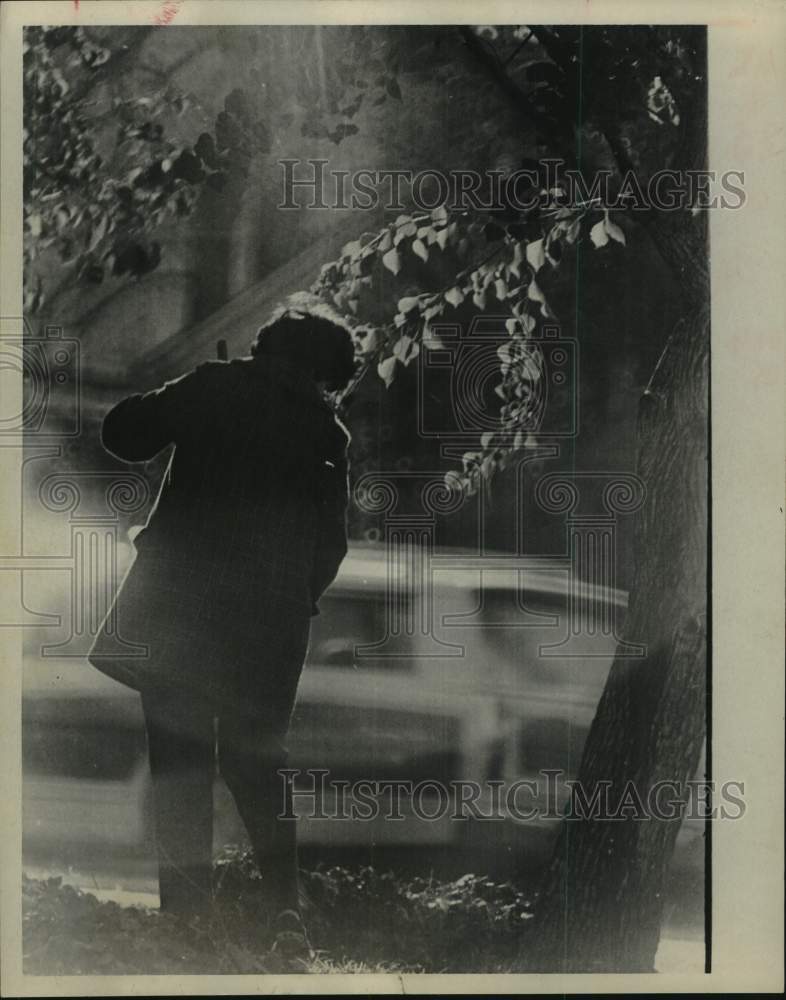 1969 Woman Raking Leaves in December in Houston - Historic Images
