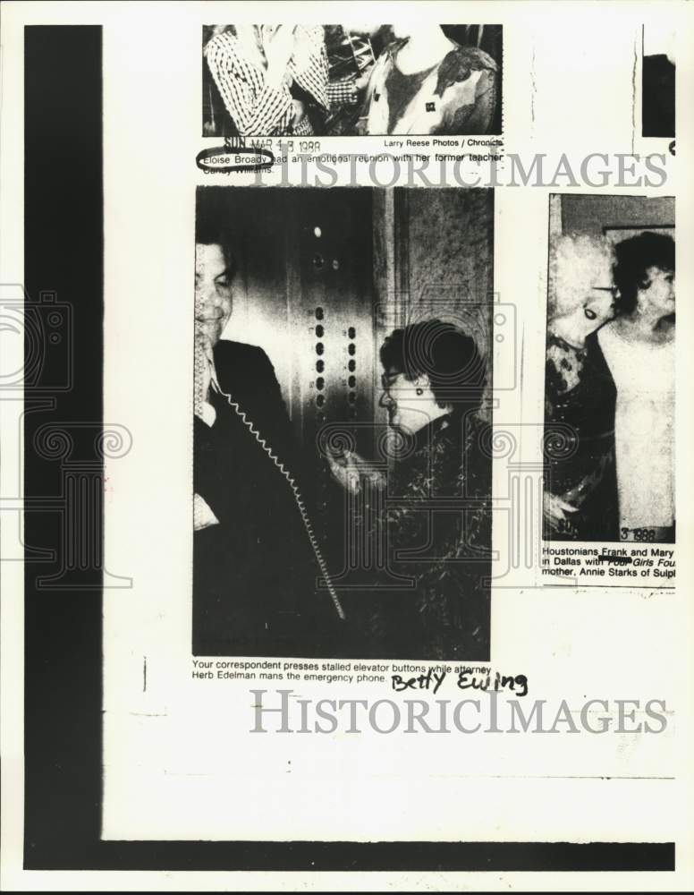 1991 Press Photo Betty Ewing presses elevator buttons &amp; Herb Edelman mans phone - Historic Images