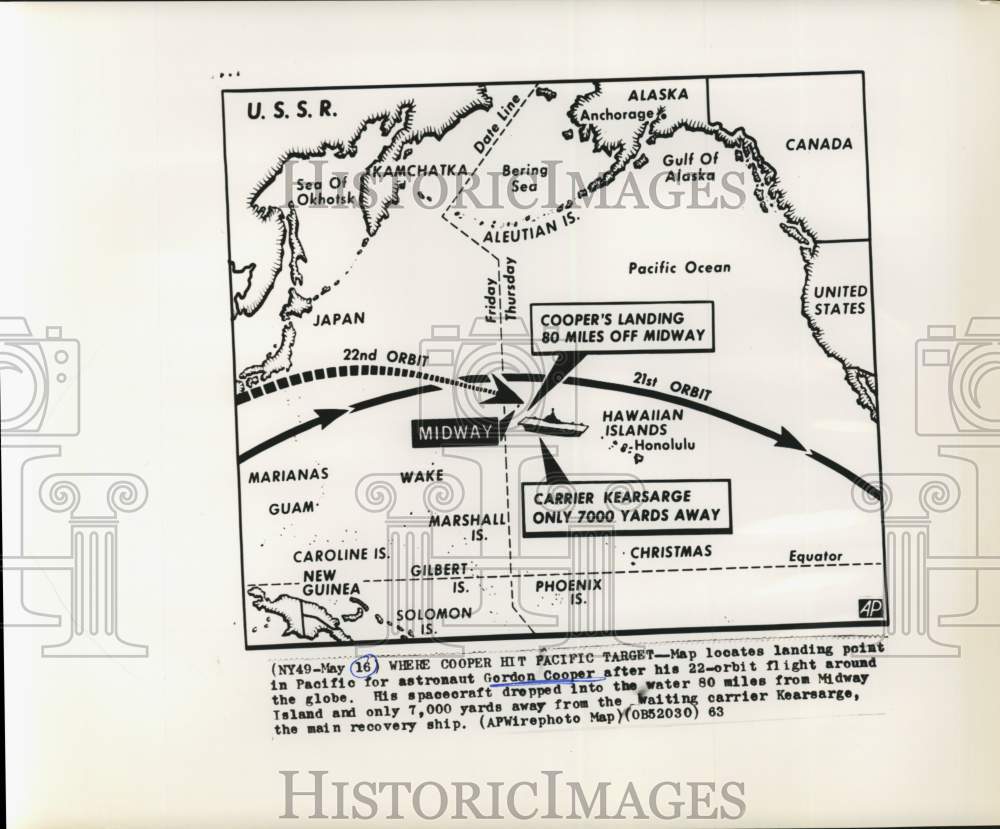 1963 Press Photo Map of Astronaut Gordon Coopers Landing Point, Pacific Ocean - Historic Images