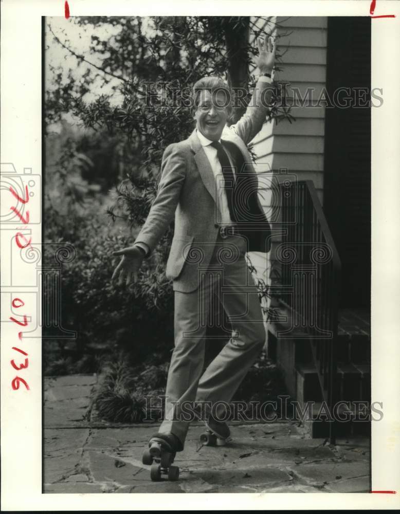 1983 Press Photo Hal Foster, Publicity Agent, Strikes a Pose on Skates- Historic Images