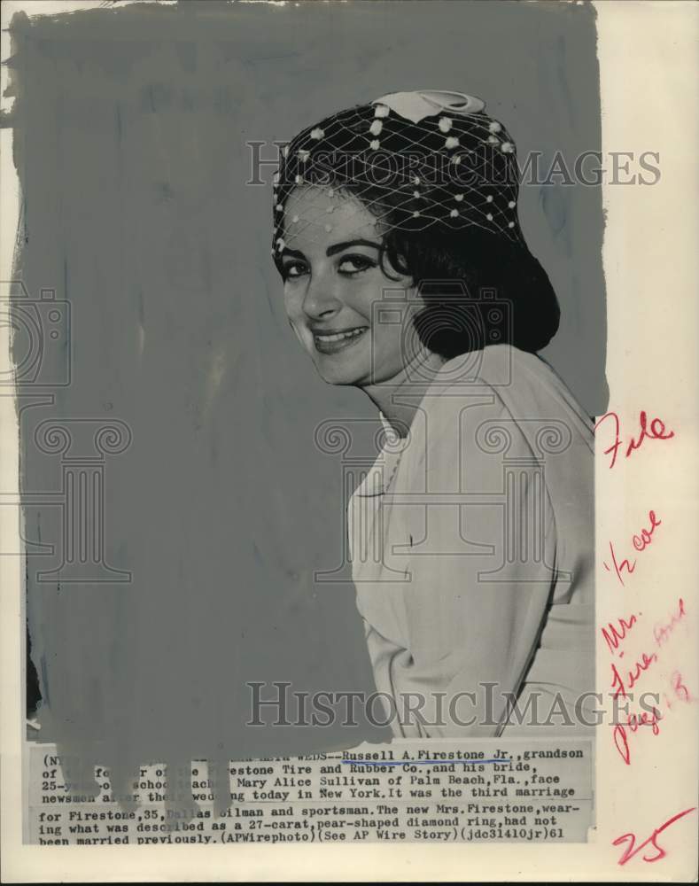 1961 Press Photo Mrs. Russell A. Firestone, Jr., the former Mary Alice Sullivan - Historic Images