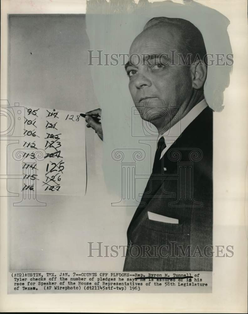 1963 Texas Rep. Byron Tunnell counts pledged votes for Speaker race - Historic Images