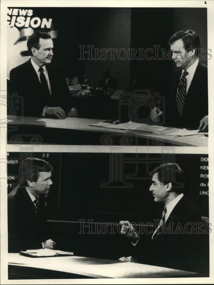 1988 Press Photo NBC Anchorman Tom Brokaw, VP George Bush, Gov. Michael Dukakis - Historic Images