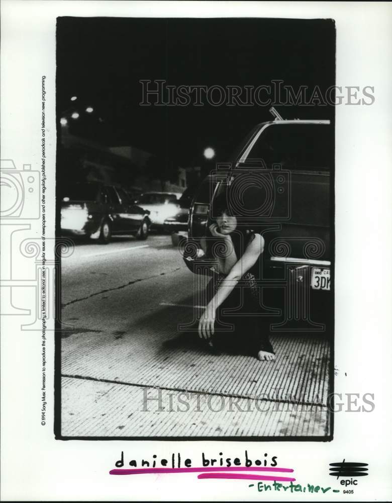 1994 Press Photo Entertainer Danielle Brisebois sits by car - Historic Images