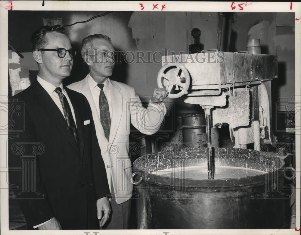 1960 Arthur Grindle, Ben Whaley inspect paint mixing vat, Texas-Historic Images