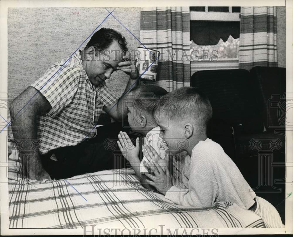 1963 Paul Haney listens to sons Michael & Dan say bedtime prayers.-Historic Images