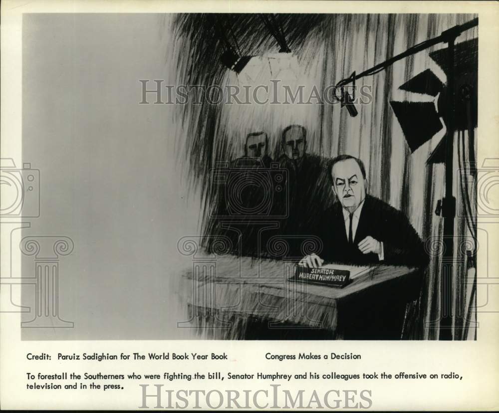 1965 Drawing of Senator Humphrey and colleagues speak on television-Historic Images