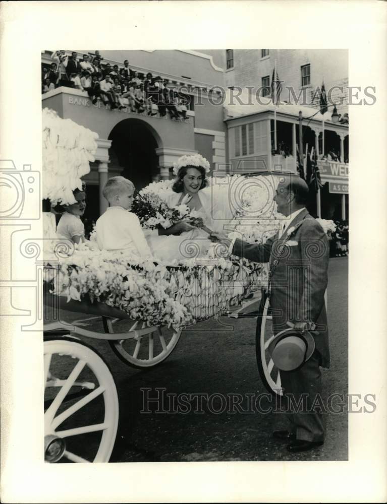 1956 Floral pageant queen Joan Bennett (Kennedy) welcomed by mayor-Historic Images