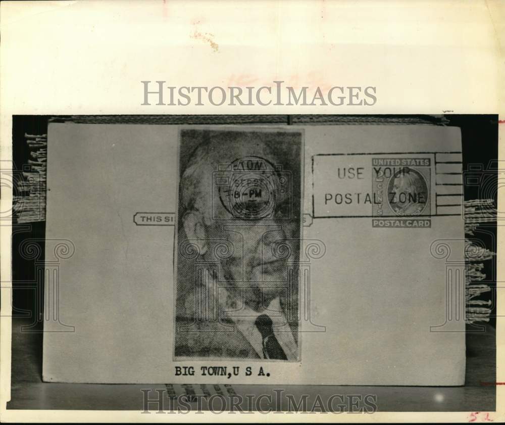 1955 Press Photo Former Mayor of Houston Oscar Holcombe on post card. - Historic Images