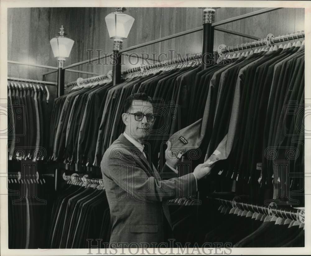 1963 Morris J. Lichtenstein manager of Benjamin&#39;s with wool suits.-Historic Images