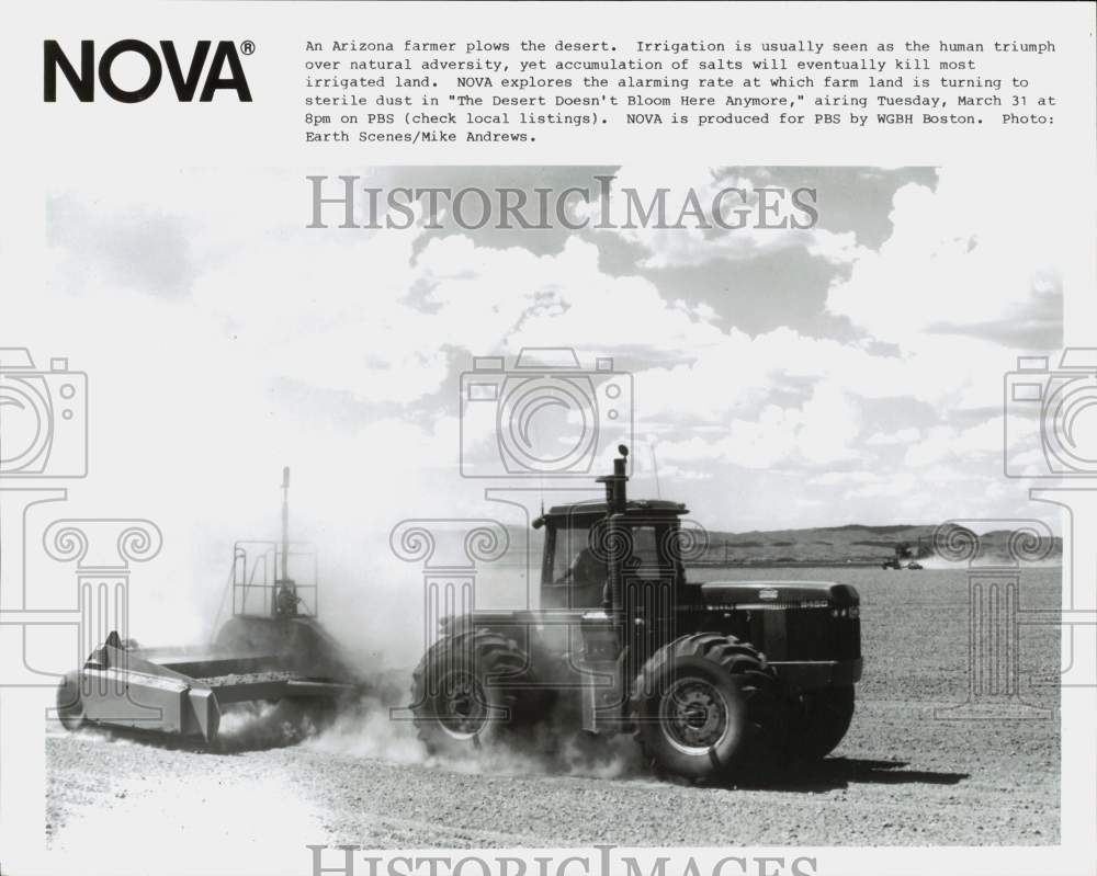 1987 Press Photo Farmer Plowing Field with Tractor in Arizona on NOVA Program - Historic Images