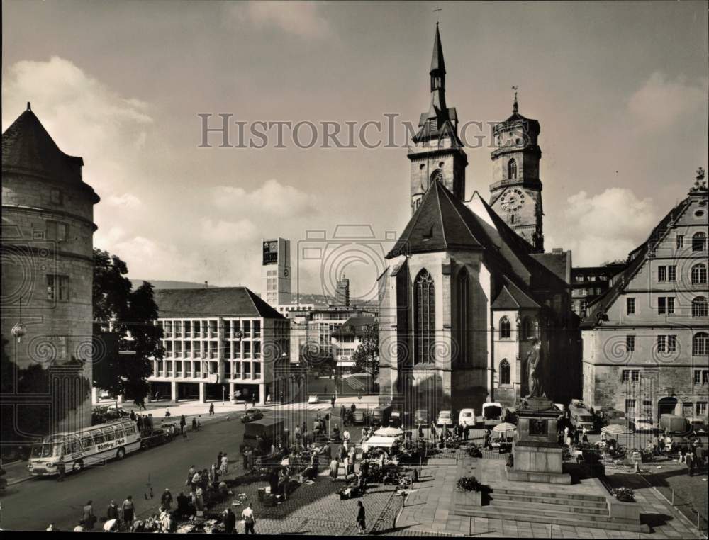 1961 Press Photo Stiftskirche Church and Schillerplatz in Stuttgart, Germany- Historic Images