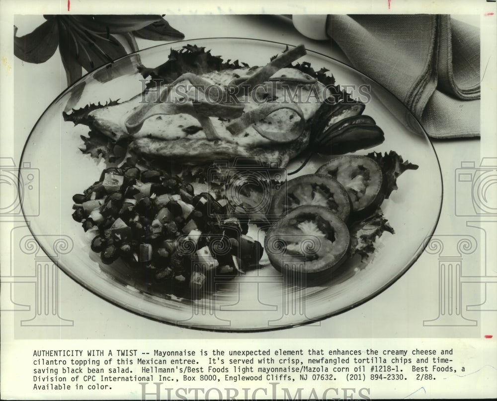 1996 Press Photo Mexican entree with creamy cheese, mayonnaise and cilantro - Historic Images