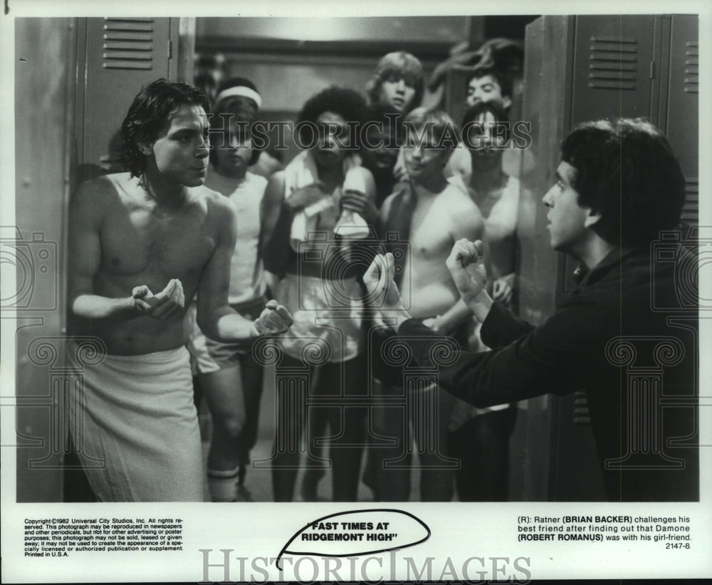 1982 Press Photo Brian Backer & Robert Romanus in "Fast Times at Ridgemont High" - Historic Images