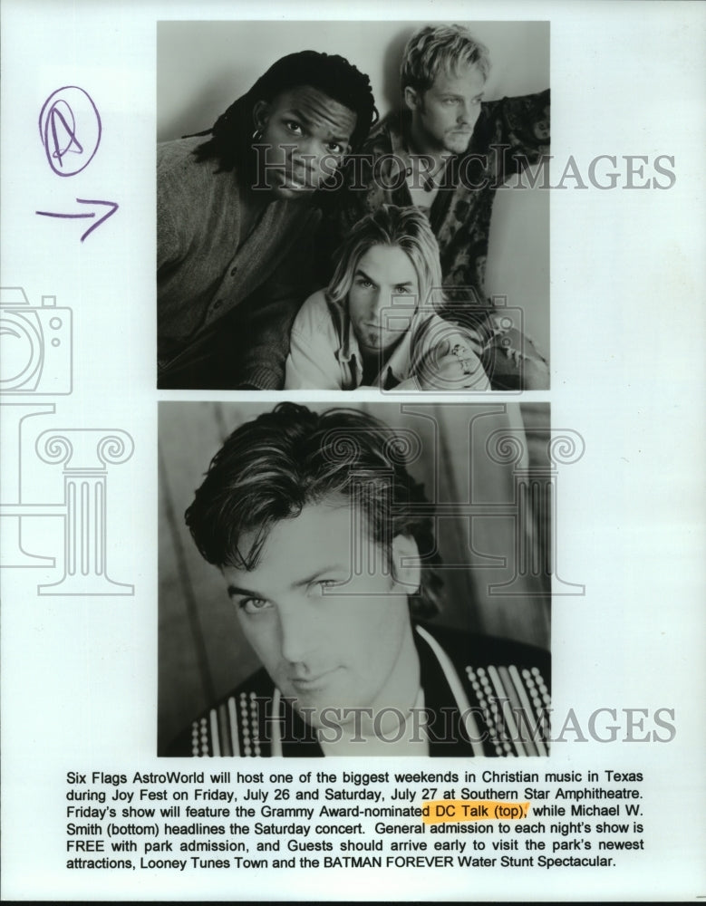 1996 Press Photo DC Talk, Michael W. Smith for Six Flags AstroWorld Event- Historic Images