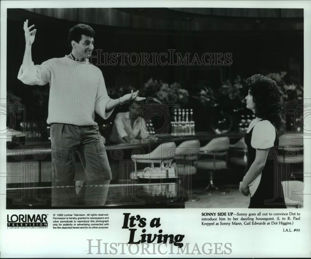 1988 Press Photo Actor Paul Kreppel, Gail Edwards on "It's a Living" TV Show- Historic Images