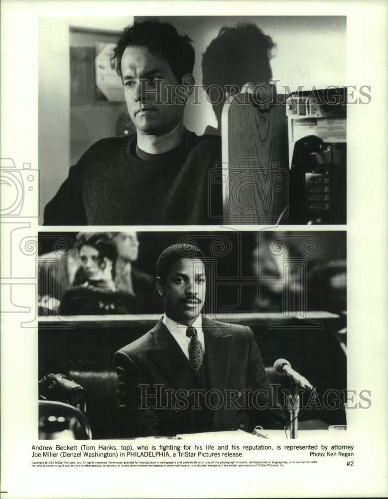 1993 Press Photo Tom Hanks and Denzel Washington act in "Philadelphia" movie- Historic Images