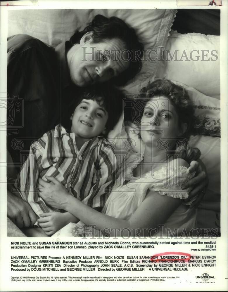 1992 Press Photo Nick Nolte, Susan Sarandon &amp; Zack O&#39;Malley in &quot;Lorenzo&#39;s Oil&quot;- Historic Images