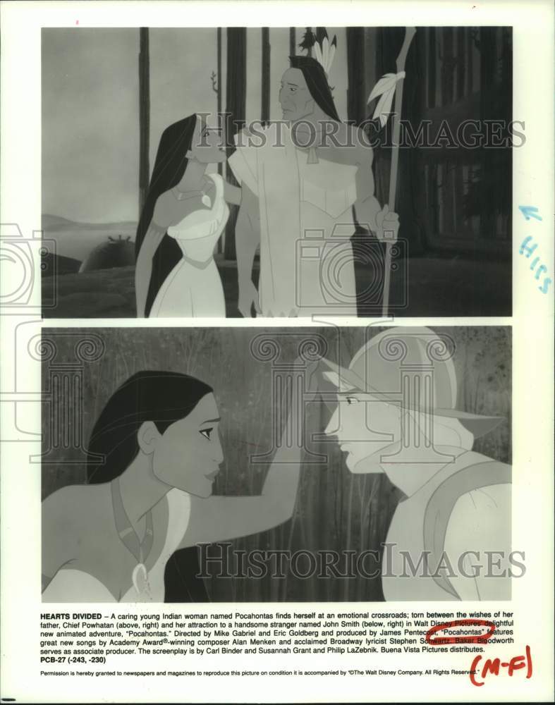 1995 Press Photo Scenes from &quot;Pocahontas,&quot; Walt Disney Animated Movie- Historic Images