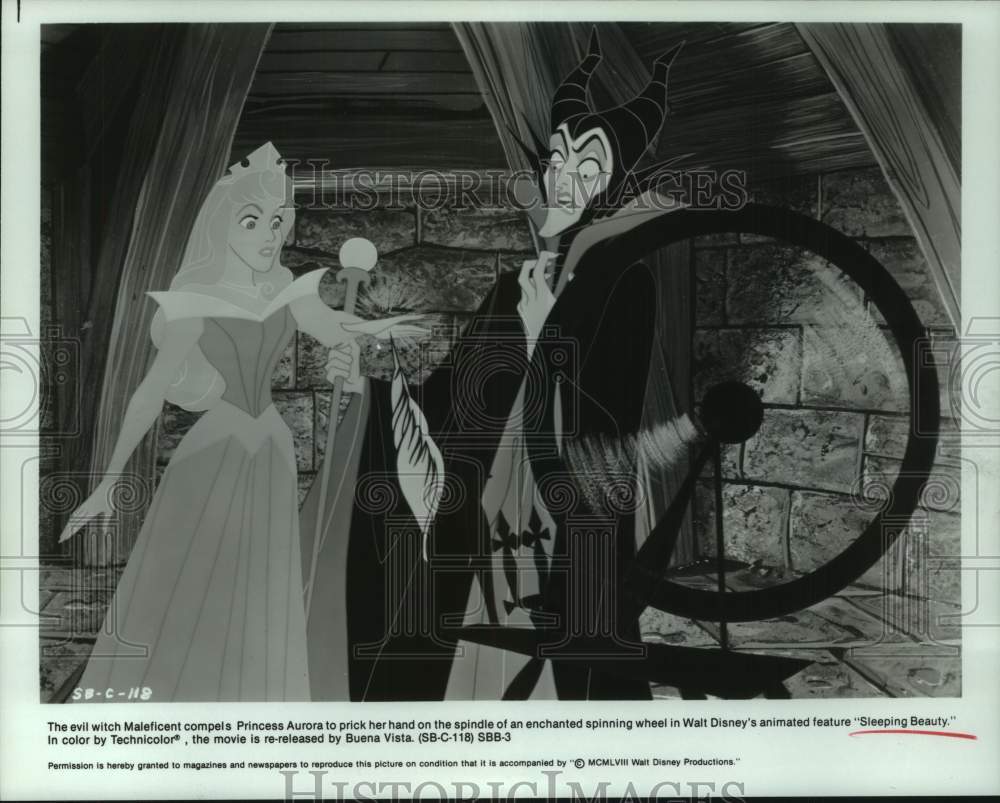 1958 Press Photo Maleficent and Princess Aurora Pricks Finger in Sleeping Beauty - Historic Images