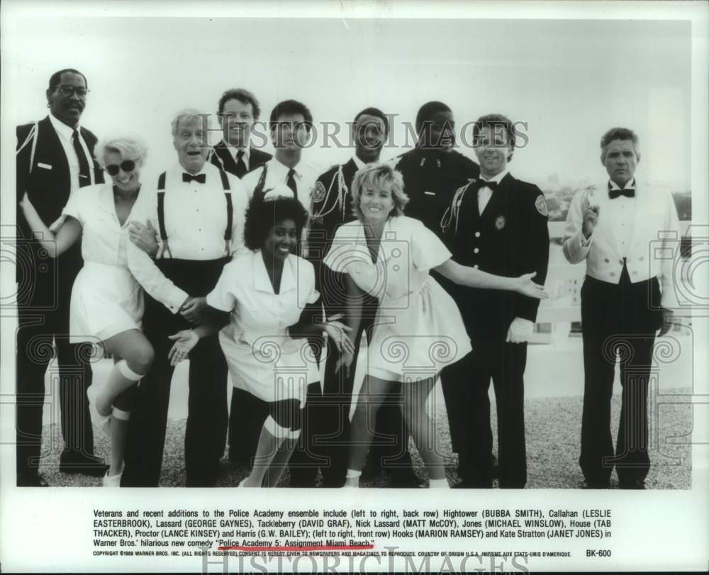1988 Press Photo &quot;Police Academy 5: Assignment Miami Beach&quot; Movie Cast Members- Historic Images