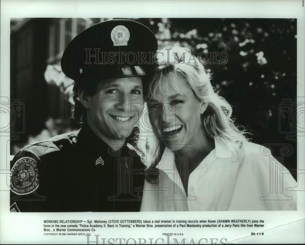 1986 Press Photo Actors Shawn Weatherly and Steve Guttenberg in Police Academy 3- Historic Images