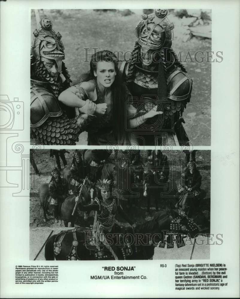 1985 Press Photo Brigitte Nielsen, Sandahl Bergman in Scenes from &quot;Red Sonja&quot;- Historic Images