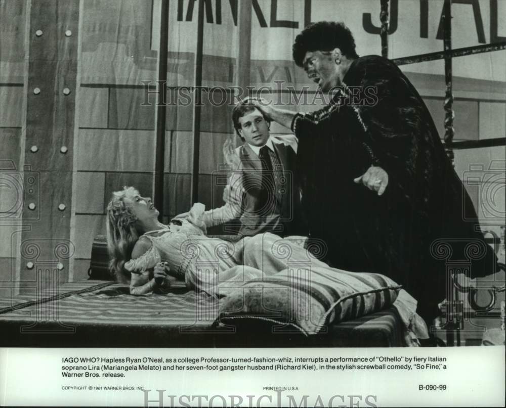 1981 Press Photo Ryan O'Neal, Mariangela Melato, Richard Kiel in movie "So Fine" - Historic Images