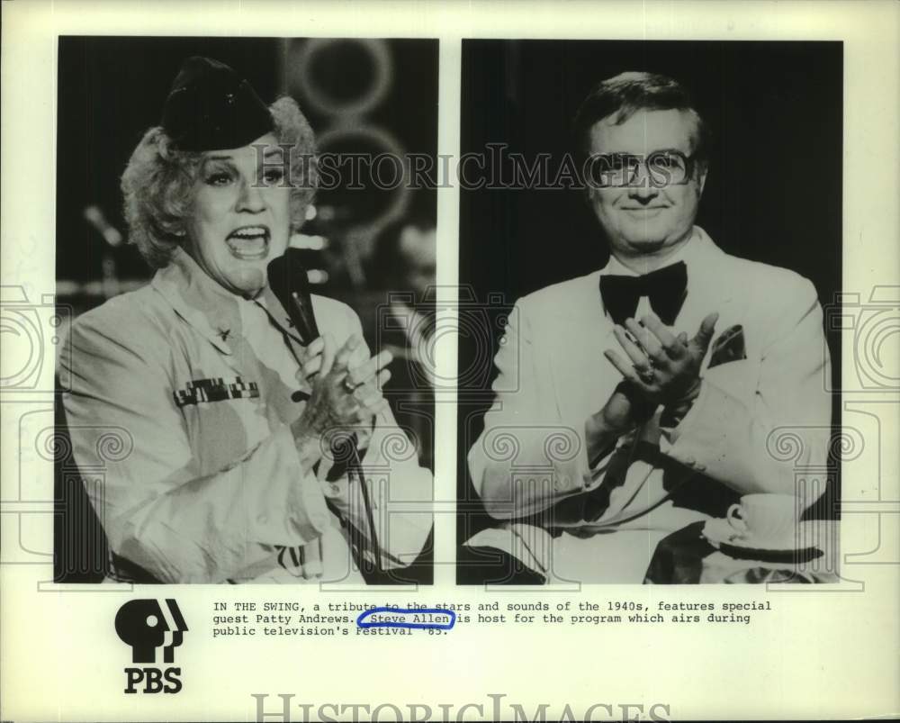 1985 Press Photo Patty Andrews guests, Steve Allen hosts &quot;In The Swing&quot; on PBS - Historic Images