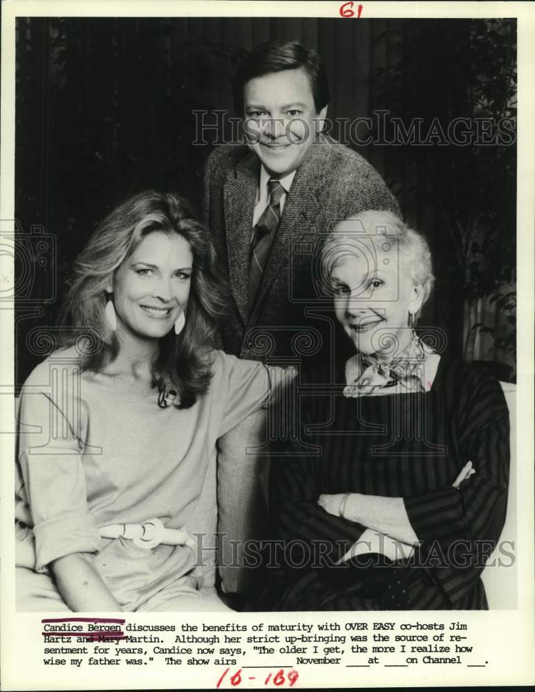 1984 Press Photo Actress Candice Bergen, Jim Hartz, Mary Martin for &quot;Over Easy&quot; - Historic Images