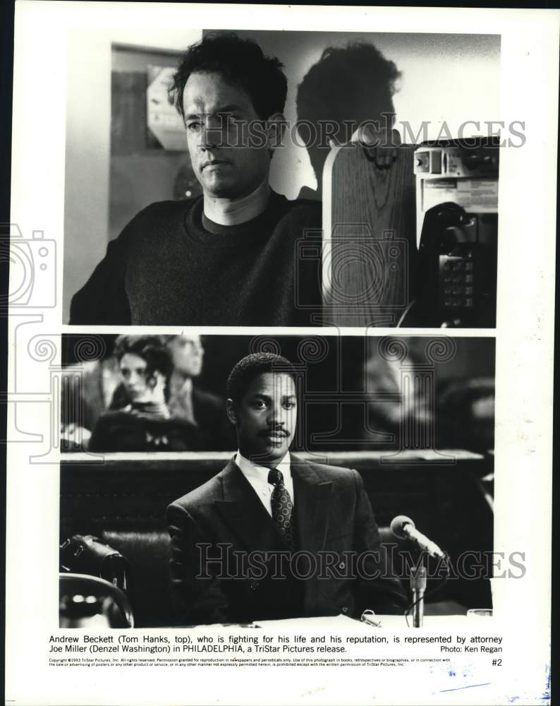 1993 Press Photo Tom Hanks &amp; Denzel Washington star in &quot;Philadelphia&quot; - Historic Images