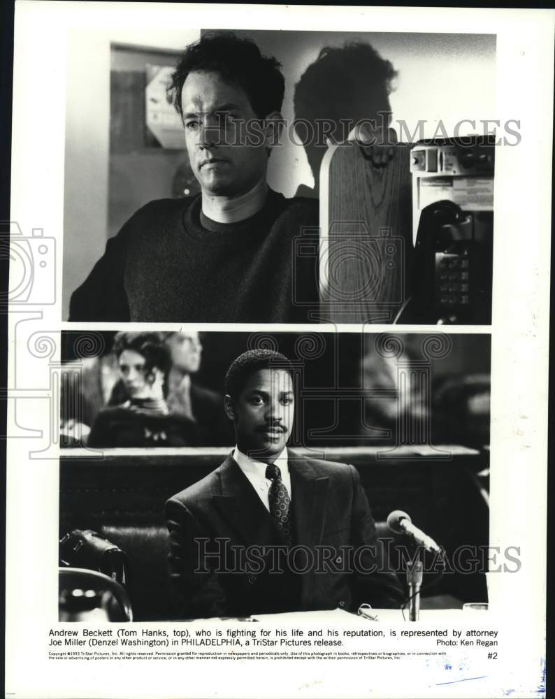 1993 Press Photo Tom Hanks & Denzel Washington star in "Philadelphia" - Historic Images