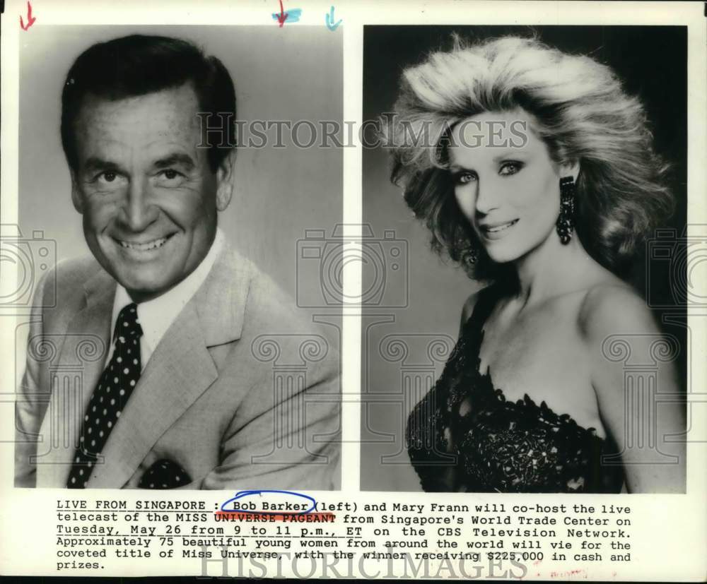 1987 Press Photo Bob Barker, Mary Frann on "The Miss Universe Pageant" CBS TV - Historic Images