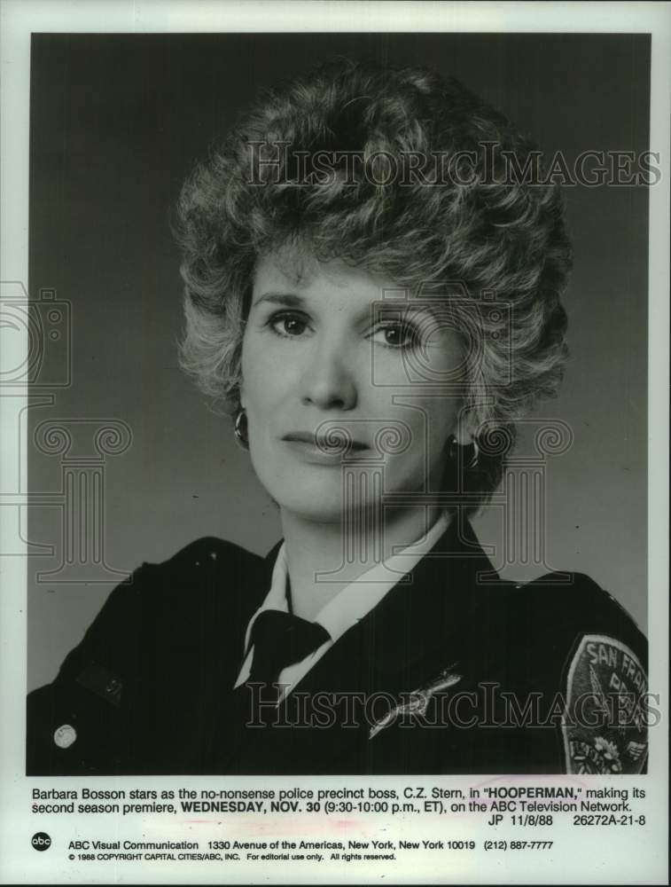 1988 Press Photo Actress Barbara Bosson stars in "Hooperman" series. - Historic Images