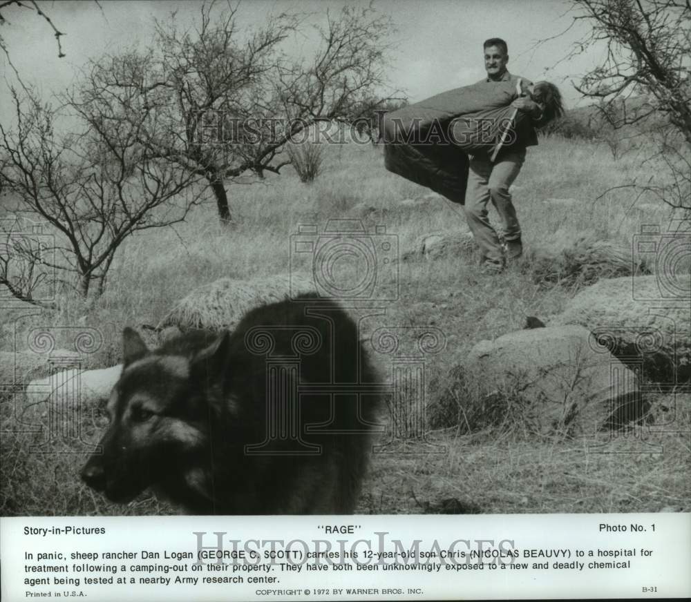 1972 Press Photo George C. Scott &amp; Nicolas Beauvy in scene from &quot;Rage&quot;. - Historic Images