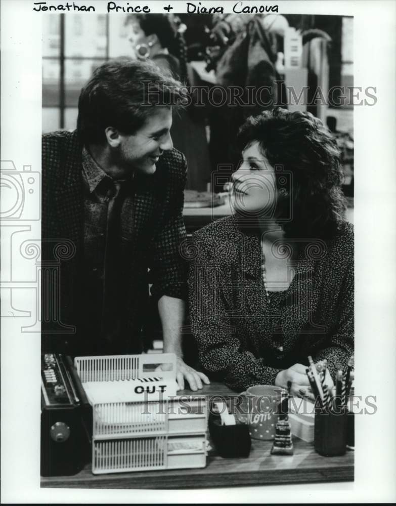 1986 Press Photo Actress Diana Canova with Jonathan Prince on television set - Historic Images