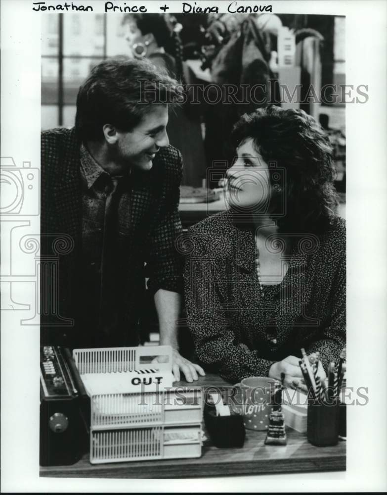 1986 Press Photo Actress Diana Canova with Jonathan Prince on television set - Historic Images