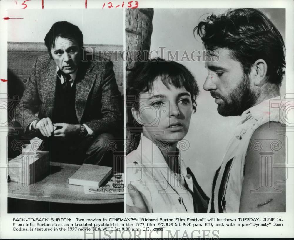 1983 Press Photo Scenes from Richard Burton movies, one with Joan Collins. - Historic Images