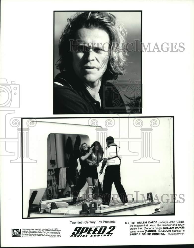 1997 Press Photo Willem DaFoe, Sandra Bullock in "Speed 2: Cruise Control" - Historic Images