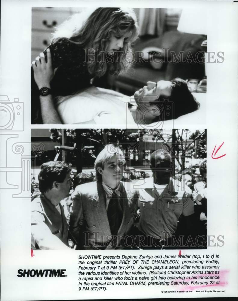 1991 Press Photo Scenes from "Prey of the Chameleon" & "Fatal Charm" Movies - Historic Images