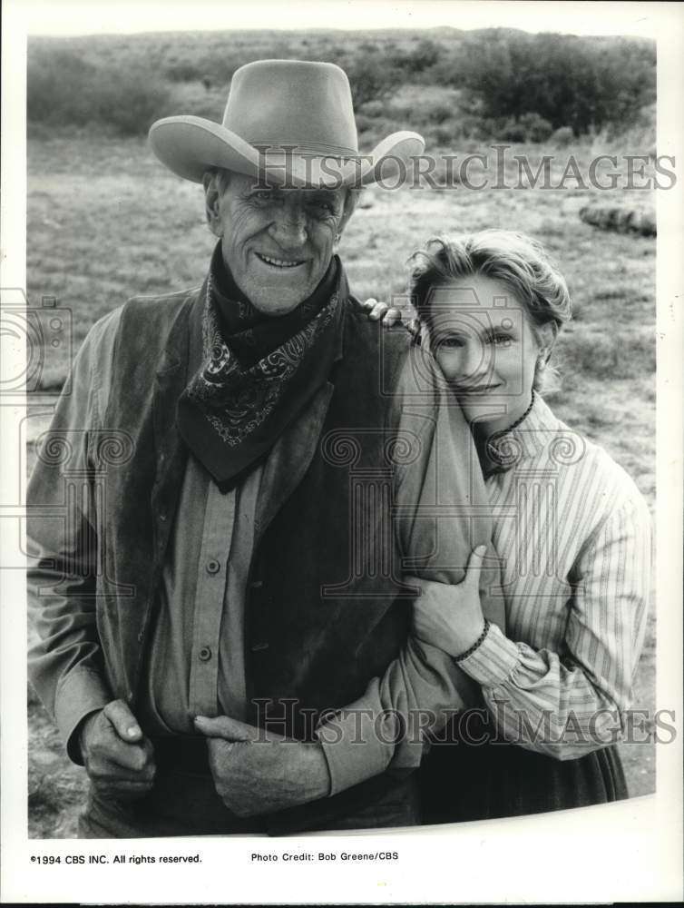 1994 Press Photo James Arness and Amy Stock-Poynton, Gunsmoke: One Man's Justice - Historic Images