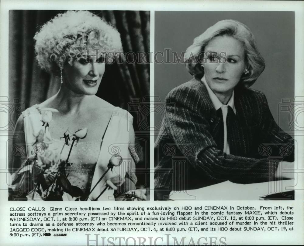 1987 Press Photo Glenn Close in scenes from &quot;Maxie&quot; and &quot;Jagged Edge&quot; - Historic Images