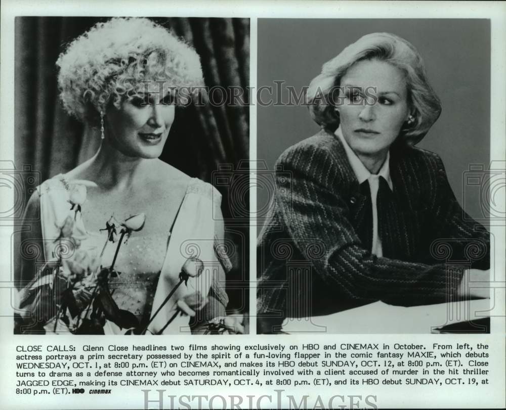 1987 Press Photo Glenn Close in scenes from "Maxie" and "Jagged Edge" - Historic Images