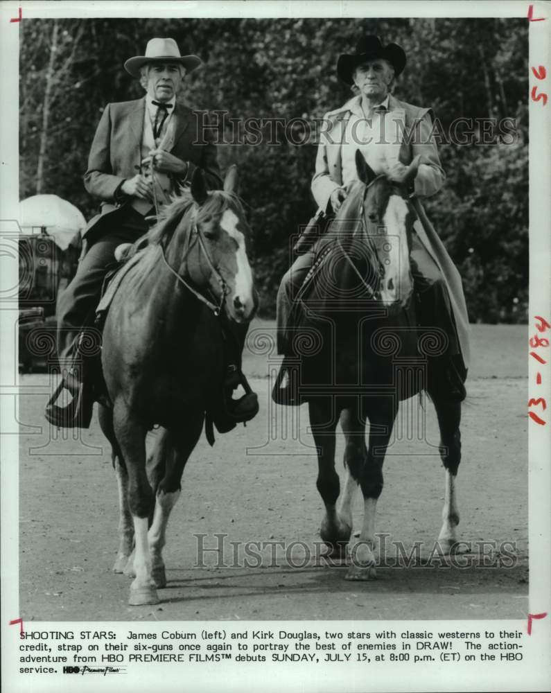 1984 Press Photo Actors James Coburn and Kirk Douglas act in &quot;Draw!&quot; - Historic Images