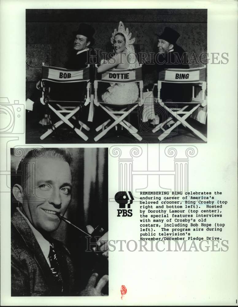 1987 Press Photo Entertainers Bob Hope, Dorothy Lamour, Bing Crosby on PBS. - Historic Images
