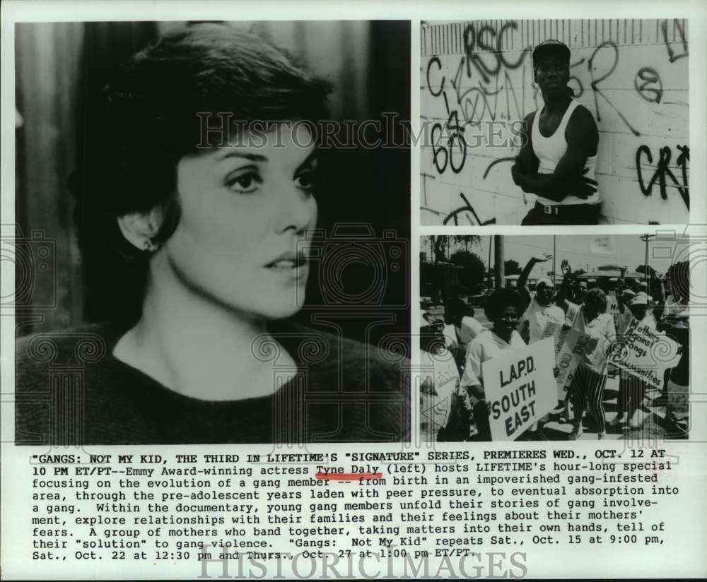 1988 Press Photo Actress Tyne Daly, Host "Gangs: Not My Kid" Lifetime TV Series - Historic Images