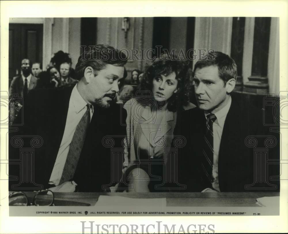 1990 Press Photo Raul Julia, Harrison Ford &amp; Bonnie Bedelia in Presumed Innocent - Historic Images